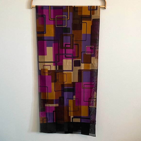 2/$20 👒 Vintage Oldstock Sheer Scarf with Purple and Brown Geometric Pattern - Picture 2 of 7